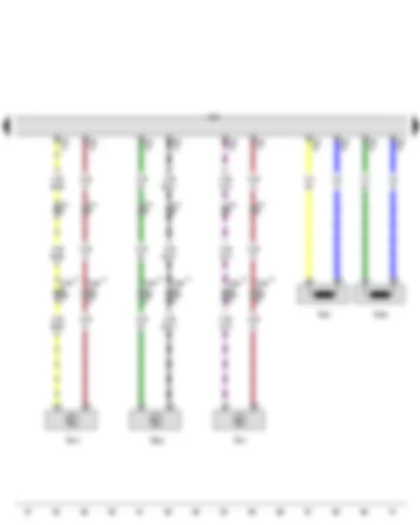 Электросхемa  AUDI A3 2013 - Датчик удара - сторона водителя - для защиты пешеходов - Датчик удара - сторона переднего пассажира - для защиты пешеходов - Центральный датчик удара для защиты пешеходов - Блок управления подушек безопасности - Пиропатрон верхней подушки безопасности водителя - Пиропатрон верхней подушки безопасности переднего пассажира