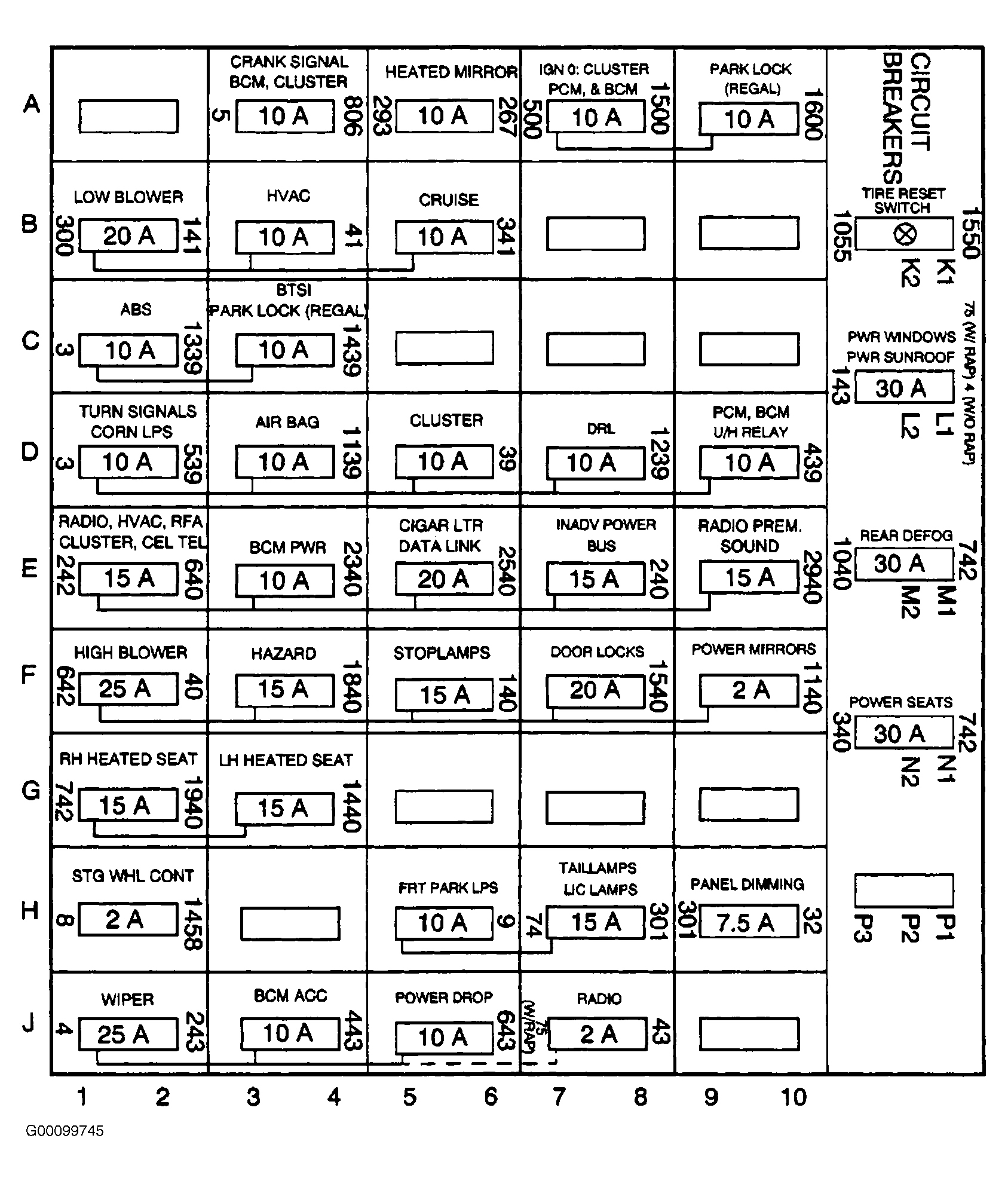 Buick Century Limited 1999 - Component Locations -  Identifying Instrument Panel Fuse Block Components