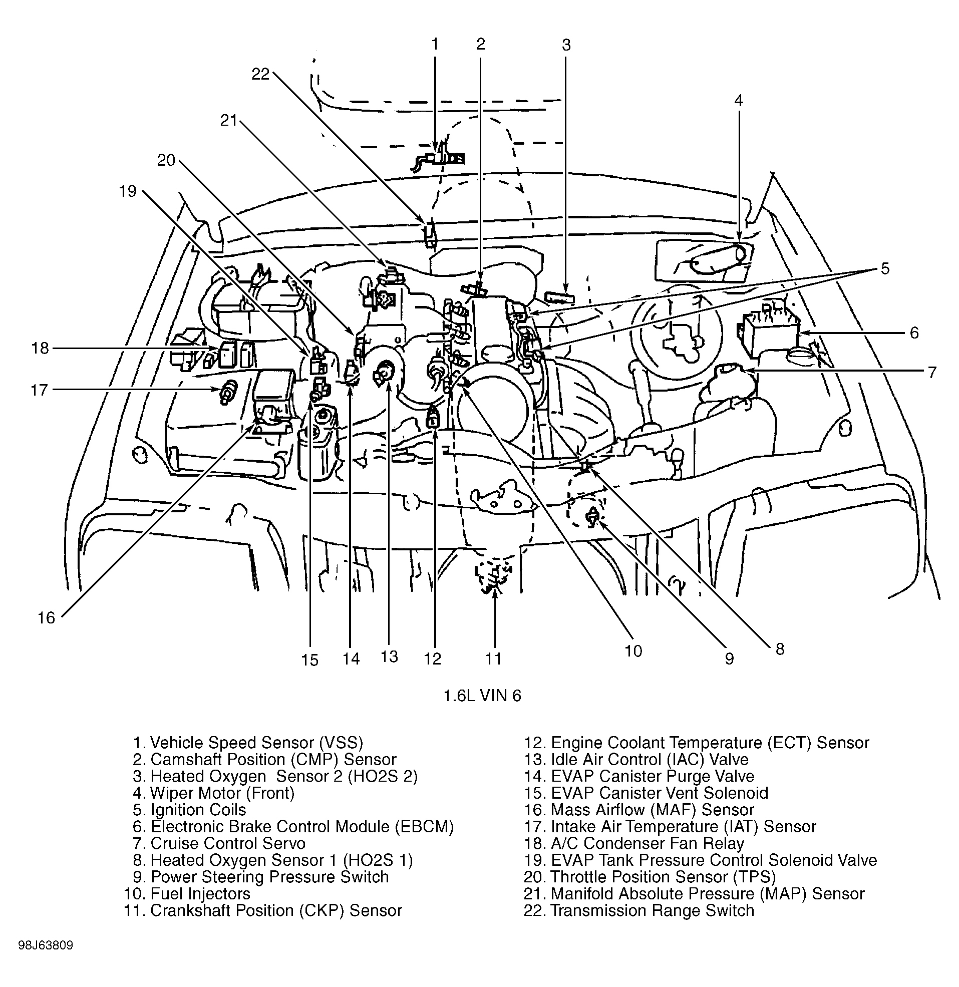 Chevrolet Tracker 1999 - Component Locations -  Engine Compartment (1.6L VIN 6)