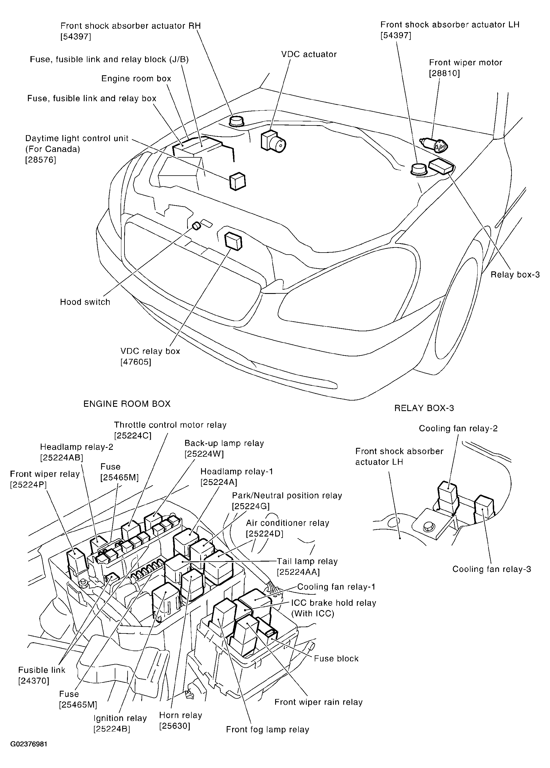 Infiniti Q45 2005 - Component Locations -  Electrical Units Location In Engine Compartment