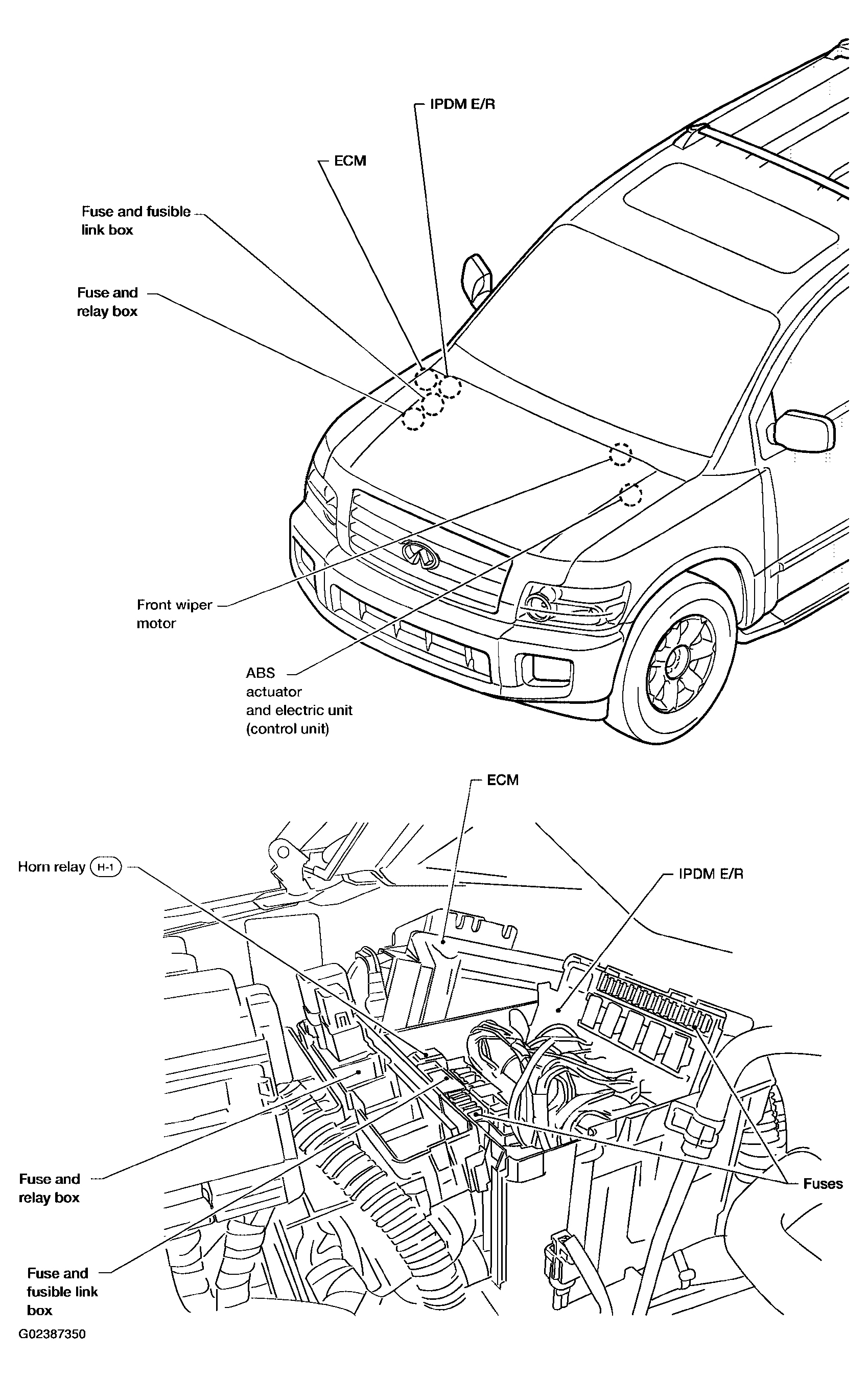 Infiniti QX56 2005 - Component Locations -  Identifying Engine Compartment Electrical Units