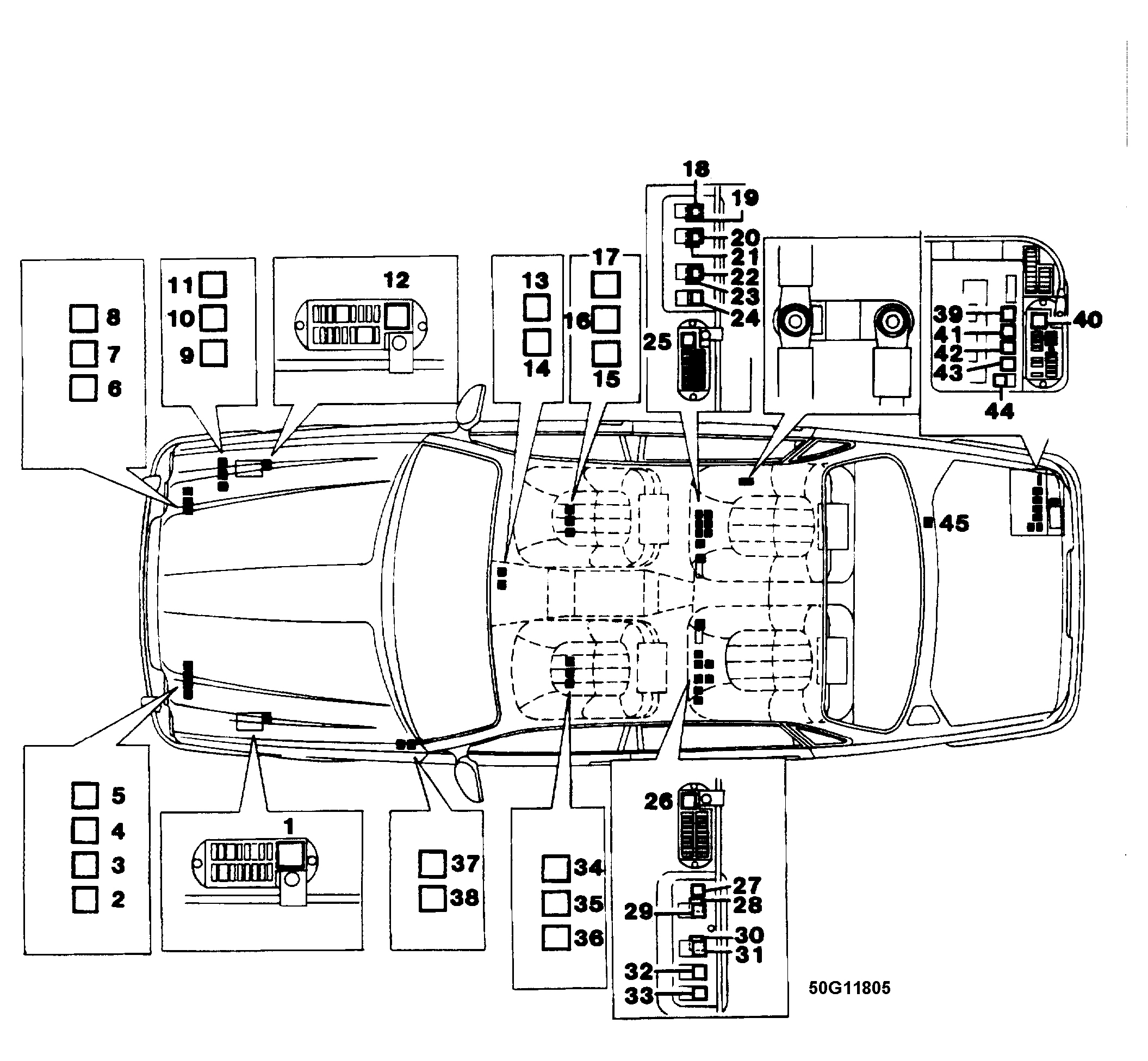 Jaguar XJ12 1995 - Component Locations -  Engine Compartment Fuse & Relay Locations