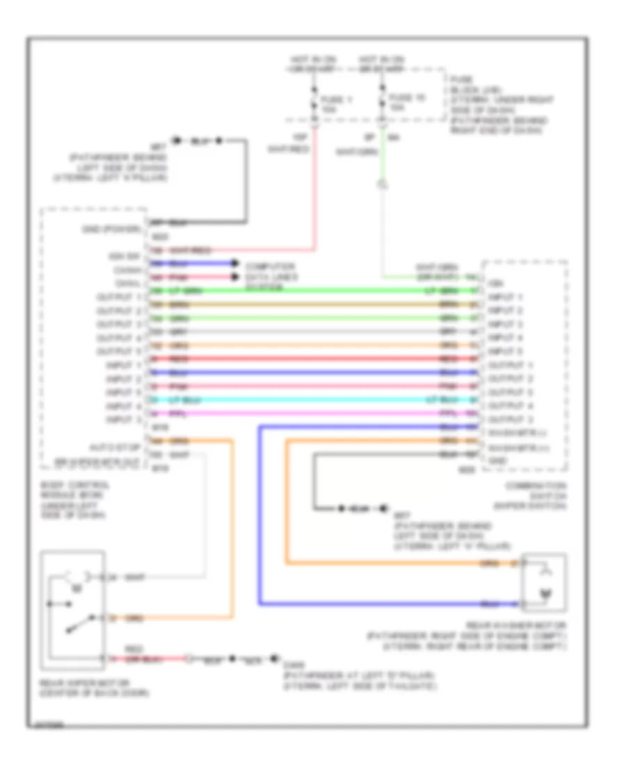 Электросхема заднего стеклоочистителя дворника и омывателя для Nissan Pathfinder LE 2009