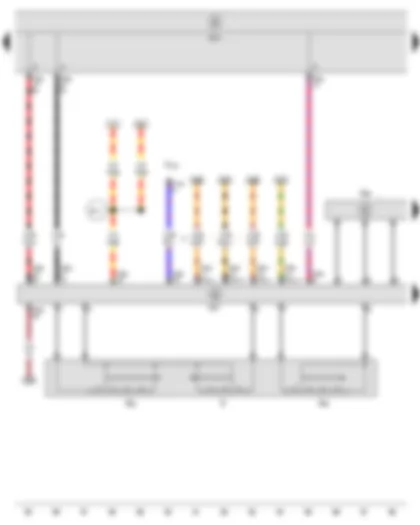 Электросхемa  SEAT ALTEA 2009 - Выключатель стеклоочистителя - Переключатель стеклоочистителя с прерывистым режимом работы - Регулятор интервала включения стеклоочистителя - Датчик угла поворота рулевого колеса - Блок управления бортовой сети
