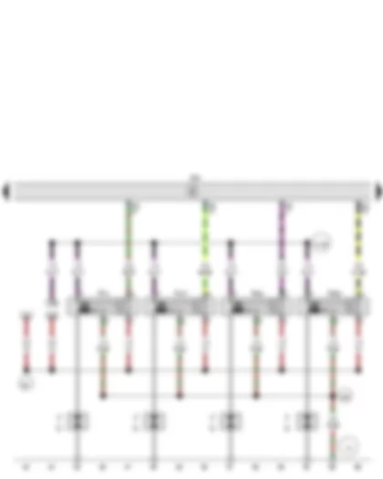 Wiring Diagram  SEAT IBIZA 2013 - Engine control unit - Ignition coil 1 with output stage - Ignition coil 2 with output stage - Ignition coil 3 with output stage - Ignition coil 4 with output stage - Spark plug connector - Spark plugs