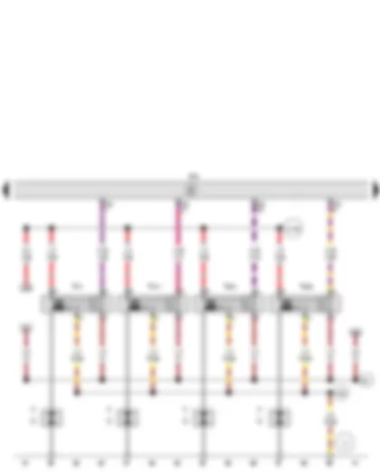 Wiring Diagram  SEAT IBIZA 2011 - Engine control unit - Ignition coil 1 with output stage - Ignition coil 2 with output stage - Ignition coil 3 with output stage - Ignition coil 4 with output stage - Spark plug connector - Spark plugs