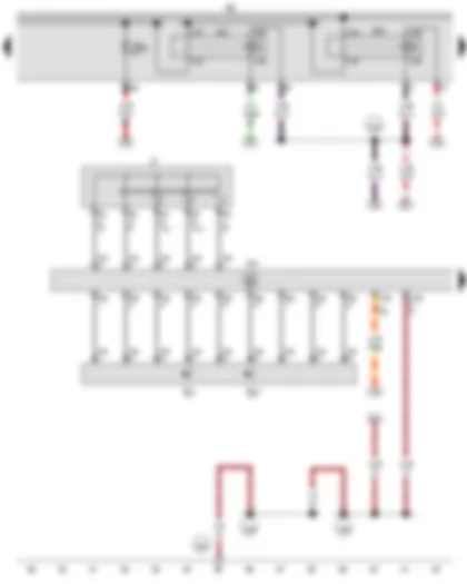 Wiring Diagram  SEAT LEON 2015 - Ignition/starter switch - Cruise control system switch - Cruise control system (CCS) SET button - Steering column electronics control unit - Starter relay 1 - Starter relay 2 - Fuse holder B