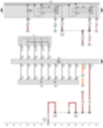Wiring Diagram  SEAT LEON 2015 - Ignition/starter switch - Cruise control system switch - Cruise control system (CCS) SET button - Steering column electronics control unit - Starter relay 1 - Starter relay 2 - Fuse holder B