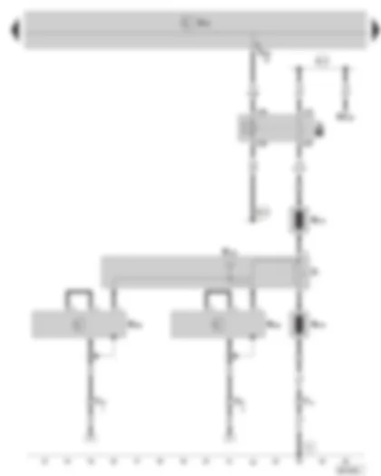 Электросхемa  SKODA SUPERB II 2014 - антенна 1 на заднем стекле - модуль антенны влево - модуль антенны вправо - частотный фильтр для частотной модуляции (FM) - реле для обогрева заднего стекла - обогреваемое заднее стекло - (действует для седана) 