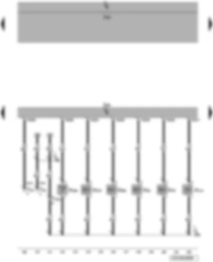 Электросхемa  VW BORA 2010 - Блок управления двигателя - электромагнитный клапан ограничения давления наддува - электромагнитный клапан 1 абсорбера (управляемый модулированным сигналом) - клапан управления подачей вторичного воздуха - клапан 1 регулятора фаз газораспределения - перепускной клапан турбонагнетателя - электромагнитный клапан 2 ограничения давления наддува