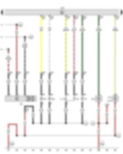 Wiring Diagram  VW CADDY 2012 - Onboard supply control unit - Right fog light bulb - Right cornering light bulb - Right side light bulb - Front right turn signal bulb - Right turn signal repeater bulb - Right headlight dipped beam bulb - Right headlight main beam bulb - Right headlight range control motor