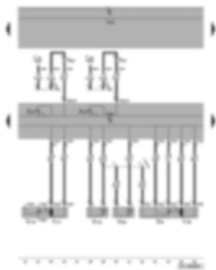 Электросхемa  VW CADDY 2004 - Блок управления климатической установки - исполнительный электродвигатель заслонки рециркуляции воздуха - датчики температуры дефлектора пространства для ног и испарителя - исполнительный электродвигатель заслонки регулирования температуры - регуляторы обогрева сидений