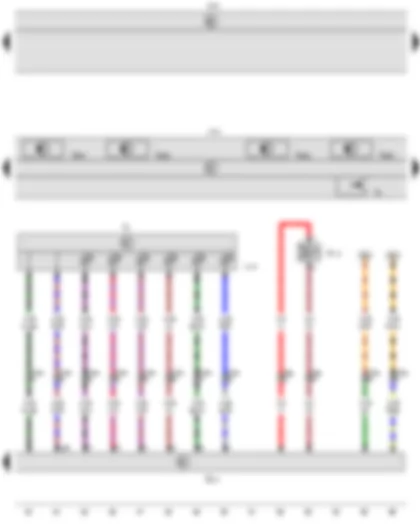 Wiring Diagram  VW CADDY 2007 - Selector lever - Reversing light switch - Gear selector movement sensor 1 - Gear selector movement sensor 2 - Gear selector movement sensor 3 - Gear selector movement sensor 4 - Onboard supply control unit - Selector lever lock solenoid - Selector lever position display