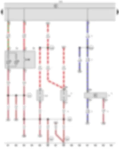 Wiring Diagram  VW CADDY 2009 - Hazard warning light switch - Onboard supply control unit - Indicator lamp for hazard warning light - 12 V socket - 12 V socket 2 - Automatic anti-dazzle interior mirror