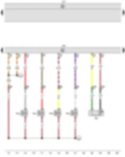 Wiring Diagram  VW CADDY 2009 - Radiator outlet coolant temperature sender - Diesel direct injection system control unit - Onboard supply control unit - Unit injector valve - No. 1 cyl. - Unit injector valve - No. 2 cyl. - Unit injector valve - No. 3 cyl. - Unit injector valve - No. 4 cyl.