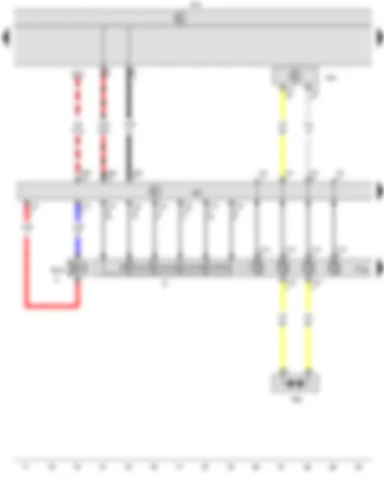 Wiring Diagram  VW CADDY 2010 - Ignition/starter switch - Airbag coil connector and return ring with slip ring - Airbag control unit - Onboard supply control unit - Steering column electronics control unit - Driver side airbag igniter - Ignition key withdrawal lock solenoid