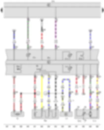 Wiring Diagram  VW CADDY 2010 - Fresh air blower switch - Heater/heat output switch - Heated rear window button - Onboard supply control unit - Fresh air regulator illumination bulb - Fresh air blower - Air recirculation flap control motor