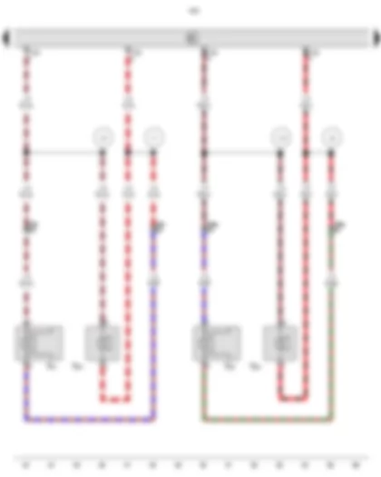 Электросхемa  VW CADDY 2010 - Блок управления с дисплеем радионавигационной системы - Высокочастотный динамик - передний левый - Низкочастотный динамик - передний левый - Высокочастотный динамик - передний правый - Низкочастотный динамик - передний правый