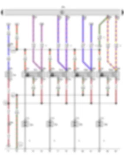 Wiring Diagram  VW EOS 2010 - Engine control unit - Ignition coil 1 with output stage - Ignition coil 2 with output stage - Ignition coil 3 with output stage - Ignition coil 4 with output stage - Spark plug 1 - Spark plug 2 - Spark plug 3 - Spark plug 4 - Coolant circulation pump