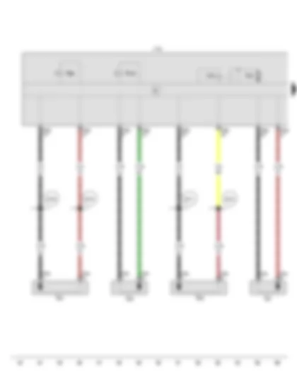 Электросхемa  VW GOLF SPORTSVAN 2012 - Датчик частоты вращения заднего правого колеса - Датчик частоты вращения переднего правого колеса - Датчик частоты вращения заднего левого колеса - Датчик частоты вращения переднего левого колеса - Блок управления ABS - Реле насоса обратной подачи ABS - Впускной клапан ABS в контуре переднего правого тормоза - Выпускной клапан ABS в контуре переднего правого тормоза - Насос обратной подачи ABS