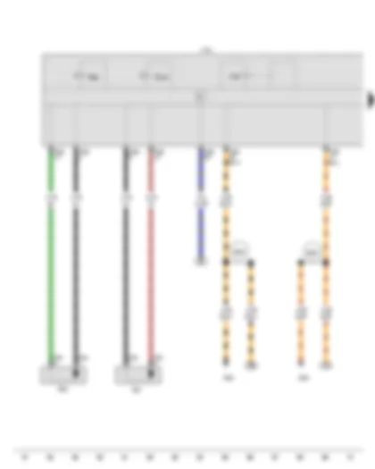 Электросхемa  VW GOLF SPORTSVAN 2016 - Датчик частоты вращения переднего правого колеса - Датчик частоты вращения переднего левого колеса - Блок управления ABS - Реле электромагнитных клапанов ABS - Впускной клапан ABS в контуре переднего правого тормоза - Выпускной клапан ABS в контуре переднего правого тормоза