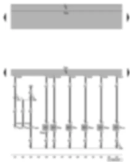 Электросхемa  VW GOLF 2007 - Перепускной клапан турбонагнетателя - электромагнитный клапан 1 абсорбера - электромагнитный клапан ограничения давления наддува - клапаны заслонок впускных каналов и регулирования фаз газораспределения - клапан управления подачей вторичного воздуха