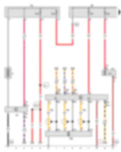 Wiring Diagram  VW JETTA 2016 - Battery - Voltage converter - Power and control electronics for electric drive - Battery monitor control unit - High-voltage wiring harness for drive motor - Fuse 1 in fuse holder A - Fuse 3 in fuse holder A - Fuse holder B - Terminal 30 wiring junction - Three-phase current drive