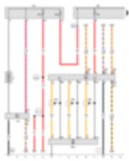 Wiring Diagram  VW JETTA 2016 - Battery - Voltage converter - Power and control electronics for electric drive - Battery monitor control unit - High-voltage wiring harness for drive motor - Fuse 1 in fuse holder A - Fuse holder B - Terminal 30 wiring junction - Three-phase current drive