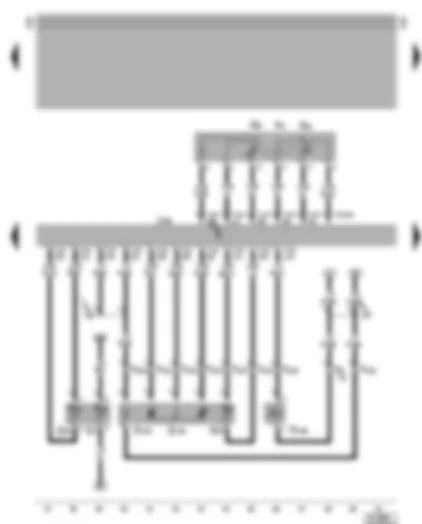 Электросхемa  VW LT 2005 - Блок управления системы впрыска дизельного двигателя - датчик положения педали акселератора - выключатель Kick-Down - сигнализатор положения дроссельной заслонки (выключатель) - датчик температуры охлаждающей жидкости - датчик регулятора цикловой подачи - регулятор цикловой подачи - клапан регулирования момента впрыска