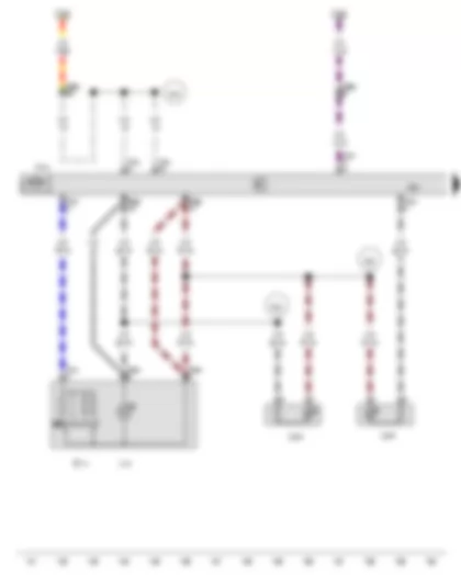 Wiring Diagram  VW PASSAT 2011 - Rear passenger side window regulator button - Rear passenger side door control unit - Light 1 for rear right door background lighting - Light 2 for rear left door background lighting - Rear passenger side window regulator motor