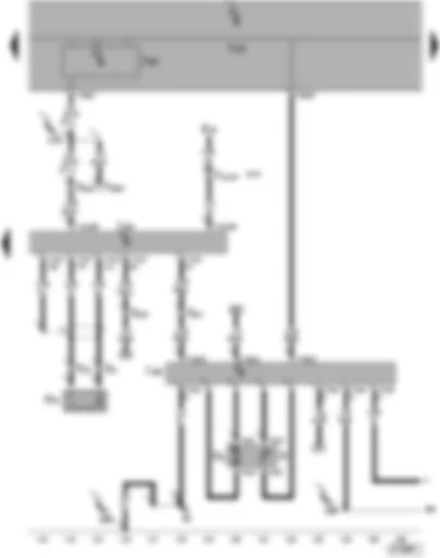 Электросхемa  VW POLO 2002 - Блок управления бортовой сети - блок управления Motronic - датчик детонации - диагностический интерфейс шин данных - топливный насос (подкачивающий насос) - датчик уровня топлива - переключатель управления круиз-контролем