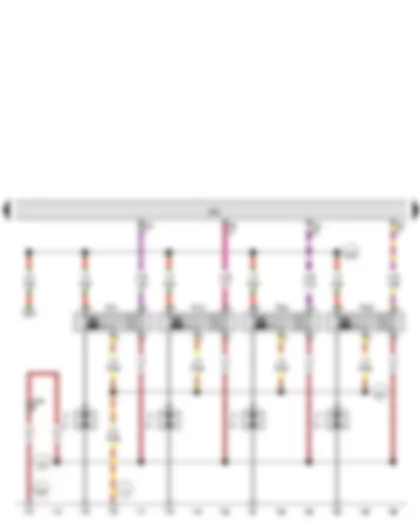 Wiring Diagram  VW THE BEETLE 2013 - Engine control unit - Ignition coil 1 with output stage - Ignition coil 2 with output stage - Ignition coil 3 with output stage - Ignition coil 4 with output stage - Spark plug connector - Spark plugs