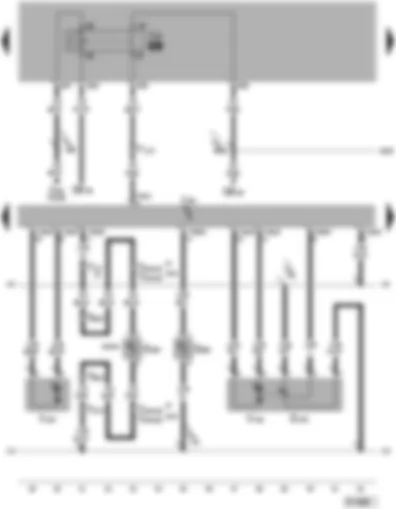 Электросхемa  VW TOUAREG 2003 - Блок управления климатической установки - датчик температуры воздуха на выходе испарителя - датчик температуры хладагента - потенциометр переднего исполнительного электродвигателя распределения воздуха - исполнительный электродвигатель заслонок приточной вентиляции/рециркуляции