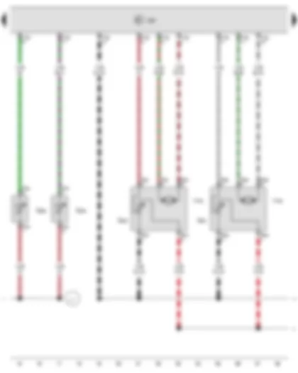 Wiring Diagram  VW TRANSPORTER 2011 - Potentiometer for left temperature flap control motor - Potentiometer for right temperature flap control motor - Right footwell vent temperature sender - Evaporator temperature sensor - Climatronic control unit - Left temperature flap control motor - Right temperature flap control motor