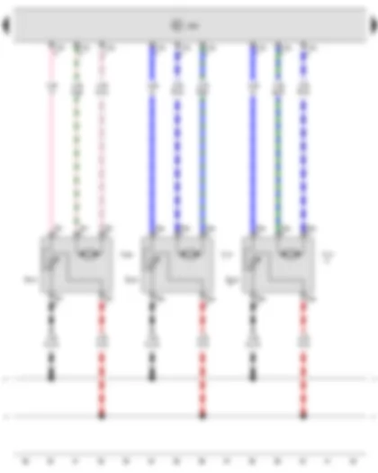 Wiring Diagram  VW TRANSPORTER 2011 - Potentiometer for defroster flap control motor - Potentiometer for front air distribution control motor - Climatronic control unit - Defroster flap control motor - Air distribution flap control motor