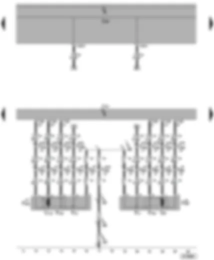 Электросхемa  VW TRANSPORTER 2004 - Приводы центрального замка задних левой и правой дверей - концевые выключатели задних левой и правой дверей в кабине (а/м с двойной кабиной)